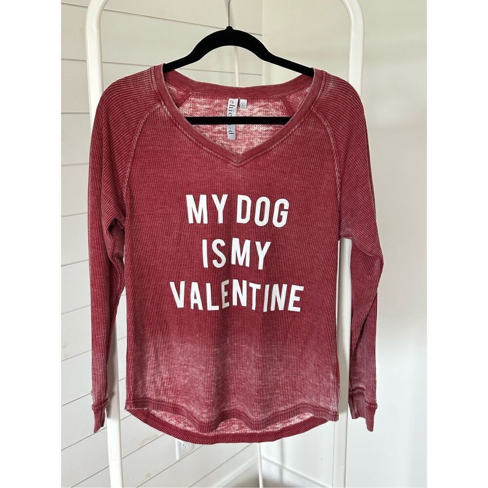 My Dog Is My Valentine v-neck waffle weave long sleeve t-shirt sz small